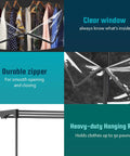 Features of the Grab-And-Go Portable Wardrobe Closet Organizer, showing clear window, durable zipper, and heavy-duty hanging rod.