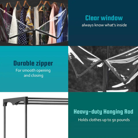Features of the Grab-And-Go Portable Wardrobe Closet Organizer, showing clear window, durable zipper, and heavy-duty hanging rod.