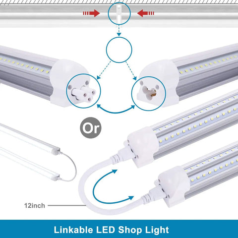8Ft LED Shop Light Fixture With V Shaped 5Ft Tubes 48W Cold White 6000K T8 Integrated Bulbs For Garage And Warehouse