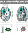 Toilet Seat Elongated Quiet-Close for Farmhouse Use with floral design and measurements guide for size selection.