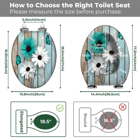 Toilet Seat Elongated Quiet-Close for Farmhouse Use with floral design and measurements guide for size selection.