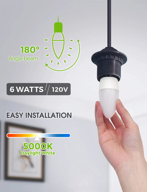 Hand installing Dimmable Candelabra LED Bulb, 6W 60W Equivalent, Daylight White 5000K, Ideal For Ceiling Fans And Home Office Lighting, UL Listed, 6 Pack, 120V, Smooth Dimming And Cozy Bright Mood, easy installation