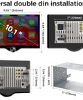 Diagram showing dimensions and connections for Dope 10.1 Inch QLED Double Din Car Stereo With Wireless CarPlay And Android Auto.