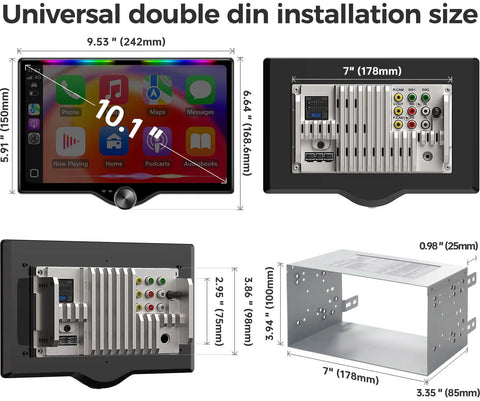 Diagram showing dimensions and connections for Dope 10.1 Inch QLED Double Din Car Stereo With Wireless CarPlay And Android Auto.