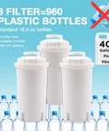 Three replacement filters for 7 Cup Water Filter Pitcher With 3 Replacement Filters And Electronic Change Reminder Compatible with standard pitcher filters with water bottles in background illustrating capacity.