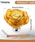 Yellow Crystal Rose Shaped Glass Cabinet Knobs 5 Pack with Screws, 50mm diameter knob with screw visible