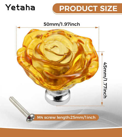 Yellow Crystal Rose Shaped Glass Cabinet Knobs 5 Pack with Screws, 50mm diameter knob with screw visible