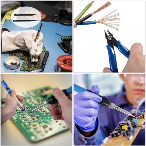 Collage showing 80W Portable Soldering Iron Kit With Upgraded LCD Display in use for electronics and repairs