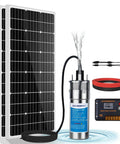 12V DC Solar Well Pump Kit With 200W Panel Included Submersible Water Pump For Off Grid Wells Deep Wells Garden Irrigation Remote Tank Filling And Portable Water Supply, showing solar panel, submersible pump, and power controller.