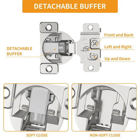 30 Pack Face Frame Cabinet Hinges With Soft Close Gliding Action And Half Inch Overlay, detachable buffer detail with soft close and non-soft close.