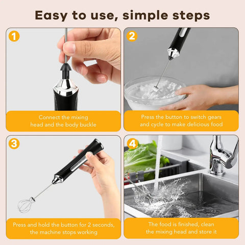Handheld Milk Frother With Stand, Rechargeable Foam Maker Wand, 3 Speed Adjustable Electric Frother With Detachable Stainless Steel Whisks For Latte, Cappuccino, Hot Chocolate, For Your Home Barista Vibe shown in use with 4 simple steps on a gray background, including assembling, using, and cleaning.