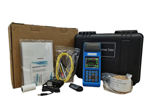 Heavy Duty Leeb Rebound Hardness Tester With Built In Printer And Big TFT Display For Straight Up Metal Testing At Any Angle Or Upside Down On The Job Site Rig with accessories and case.
