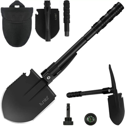 All In One Folding Survival Shovel With Pickaxe Military Grade Rugged Collapsible Spade, shown with parts and black case.