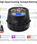 Hustle Ready Commercial Coin Counter And Sorter Roller Machine With Large Hopper Auto Reverse Motor, Black with LCD, Coin capacity details.