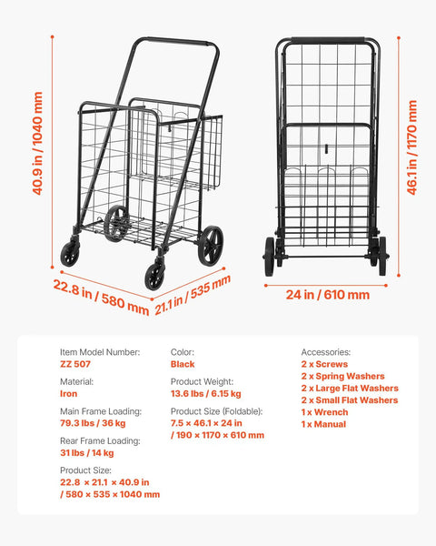 Folding Shopping Cart With Heavy Duty Metal Frame, 110 Lb Load Capacity, Anti Scratch And Rust Resistant, dimensions shown