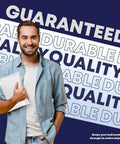 Man holding mailer envelope in front of durability and quality text design backdrop