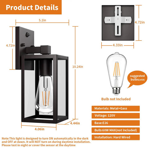 Two Pack Automatic Dusk To Dawn Exterior Wall Lights With Smart Photo Sensor Waterproof Black Coach Porch Fixture dimensions and details.