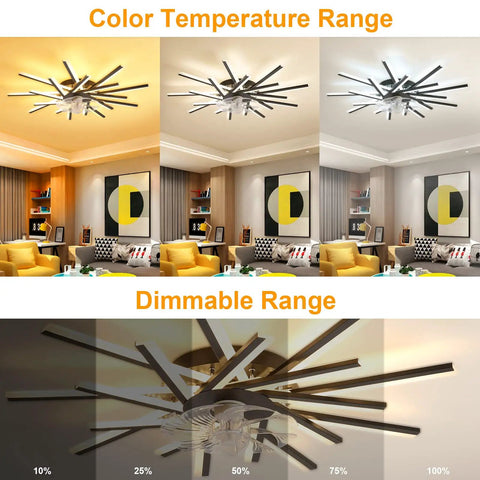 Cool Low Profile Ceiling Fan With Dimmable Light, Black Flush Mount displayed in various color temperatures in living room.