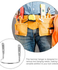 Person wearing tool belt using Heavy Duty Hammer Holder Wall Mount Tool Rack With Iron Hooks, 4 Pack for organization