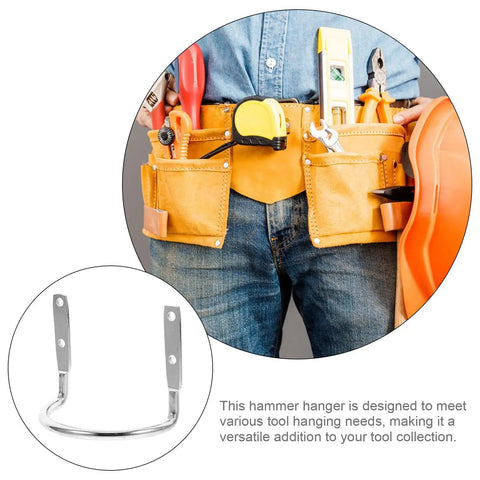 Person wearing tool belt using Heavy Duty Hammer Holder Wall Mount Tool Rack With Iron Hooks, 4 Pack for organization