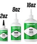 Three bottles labeled 'GlueMasters' with different sizes: 2oz, 8oz, 16oz, showcasing Industrial Grade Cyanoacrylate Adhesive With Medium Viscosity, 8 Oz Bottle For Wood, Plastic, Repairs, Crafts, And Model Building, Fast Grab Bonding Super Glue For Frequent Use.