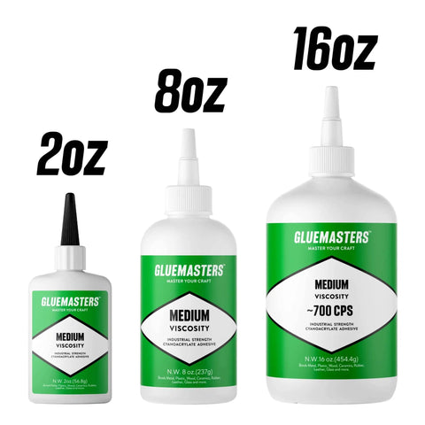 Three bottles labeled 'GlueMasters' with different sizes: 2oz, 8oz, 16oz, showcasing Industrial Grade Cyanoacrylate Adhesive With Medium Viscosity, 8 Oz Bottle For Wood, Plastic, Repairs, Crafts, And Model Building, Fast Grab Bonding Super Glue For Frequent Use.