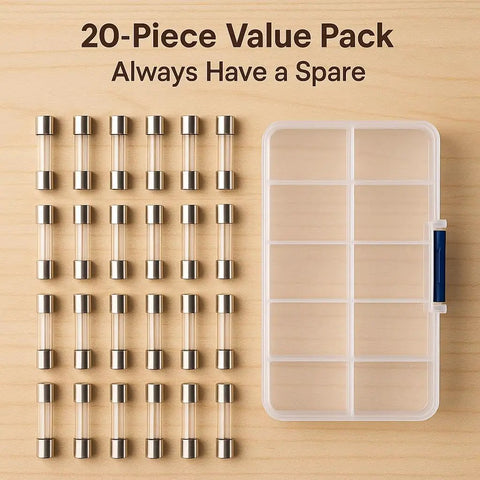 20 Pack 5A 125V Fast Blow Glass Fuses 5x20mm Replacement Kit with storage box, arranged on wooden surface