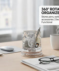 360 Degree Rotating Desk Organizer Cup with Silent Swivel on a desk holding pens and small items, clear diamond-cut finish.