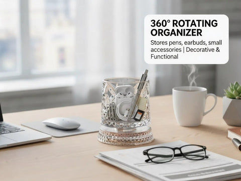 360 Degree Rotating Desk Organizer Cup with Silent Swivel on a desk holding pens and small items, clear diamond-cut finish.