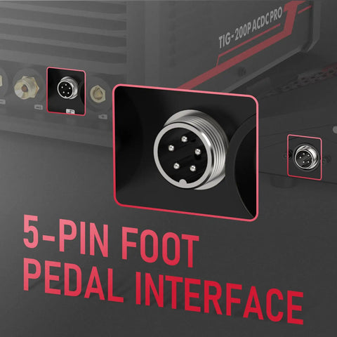 Close-up of 5-pin foot pedal interface on Dual Voltage Aluminum TIG Welder With Pulse, AC/DC Inverter, Large LED Display.