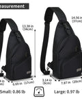 Mens Sling Pack With Upgraded Type C Charge Port Water Resistant Nylon Crossbody Daypack size comparison with measurements