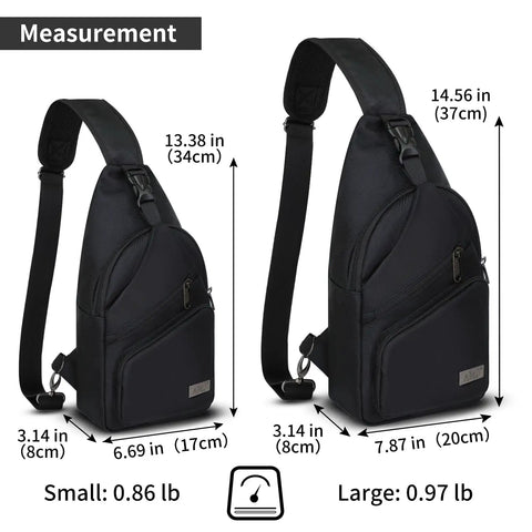Mens Sling Pack With Upgraded Type C Charge Port Water Resistant Nylon Crossbody Daypack size comparison with measurements