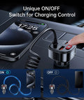 Heavy Duty Usb C Car Charger With Six Foot Coiled Cable And Smart Power Switch To Halt Battery Drain While You Rapidly Juice Up Phones Smoothly On Every Daily Commute in car console with ON/OFF switch and smartphone.