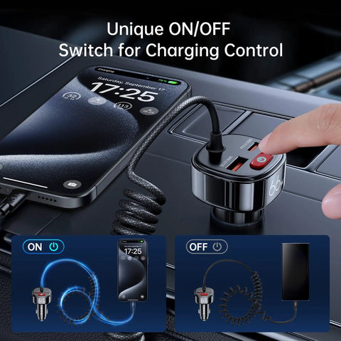 Heavy Duty Usb C Car Charger With Six Foot Coiled Cable And Smart Power Switch To Halt Battery Drain While You Rapidly Juice Up Phones Smoothly On Every Daily Commute in car console with ON/OFF switch and smartphone.