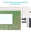 Hands On SMT Solder Kit With Practice PCB Featuring 125 Electronic Components and 274 Solder Joints LED Blink Board Powered By 3 to 12V Ideal DIY Electronics Training for Beginners and Hobbyists showing a layout of components on a practice PCB board with strips of resistors and ICs.