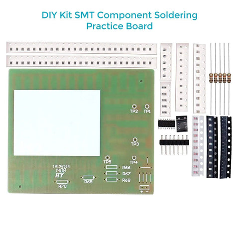 Hands On SMT Solder Kit With Practice PCB Featuring 125 Electronic Components and 274 Solder Joints LED Blink Board Powered By 3 to 12V Ideal DIY Electronics Training for Beginners and Hobbyists showing a layout of components on a practice PCB board with strips of resistors and ICs.