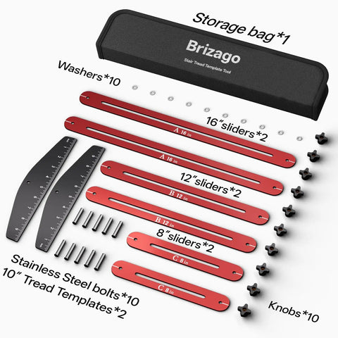 Heavy Duty Adjustable Stair Tread Gauge Template Tool 10 To 67 Inch Precision Aluminum Measuring Jig components with storage bag.