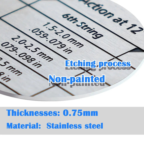 Close-up of Precision Guitar Action Gauge Ruler showing measurements for string height, stainless steel material, and etching process.