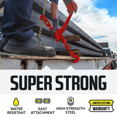 Worker using a Heavy Duty Ratcheting Chain Binder Kit For 3/8 Inch Grade 70 Extra Long 20 Foot Chain with Load Binder on steel beams.