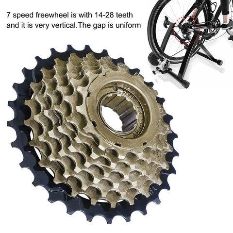 7-Speed Bicycle Freewheel 14-28T Sprocket Set Screw-On Replacement For Mountain And Road Bikes Brass Finish, Stainless Steel Build