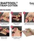 Craftool leather strap cutter with adjustable width guide and wood handle being used for precise leather cutting, step-by-step guide.