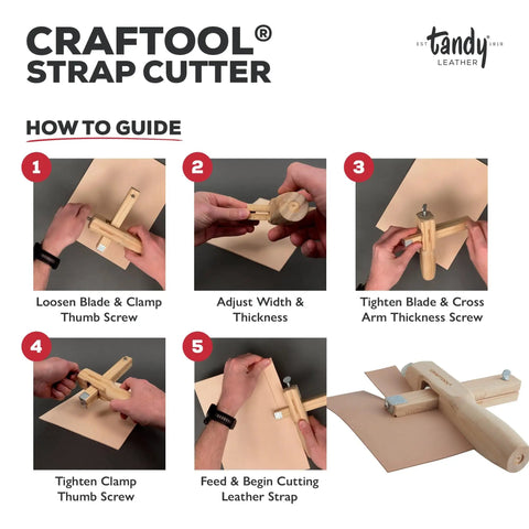 Craftool leather strap cutter with adjustable width guide and wood handle being used for precise leather cutting, step-by-step guide.
