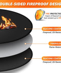 Cross-section of 39 Inch Round Fire Pit Mat For Bonfire And Grill Protection Double Sided Fireproof Under Deck Mat Oil Resistant Patio Protector Pad For Fire Pits And Solo Stove Accessories Easy To Clean Reusable Keeps Deck Clean And Safe, showing silicone coating and fiberglass layers.