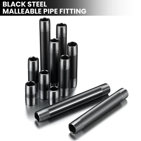 66 Piece Half Inch Black Metal Pipe Nipples Set With 11 Size Assortment, Six Each, Heavy Duty Malleable Threaded Nipples