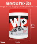 All Purpose Food Contact Cleaning Wipes No Rinse No Residue Quick Dry Formula Disinfecting Wipes For Restaurants Foodservice Schools Pro Grade Canister 100 Count, with dimensions shown.