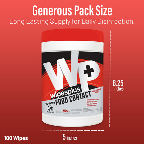 All Purpose Food Contact Cleaning Wipes No Rinse No Residue Quick Dry Formula Disinfecting Wipes For Restaurants Foodservice Schools Pro Grade Canister 100 Count, with dimensions shown.