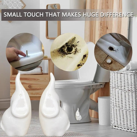 Set Of 2 White Elephant Toilet Bolt Covers Decorative Ceramic Screw Caps on display, highlighting clean toilet decor and maintenance.