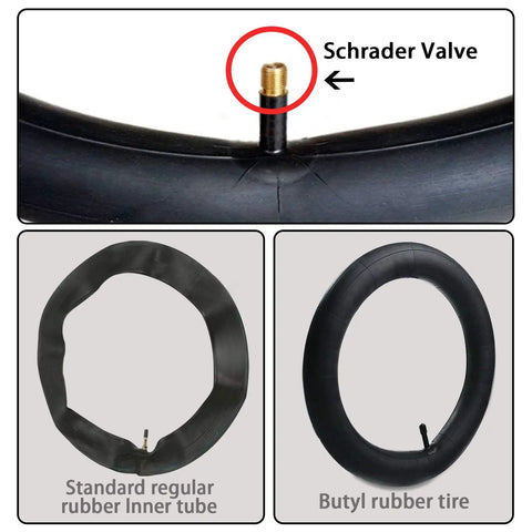 Two Pack 20 Inch Bike Inner Tubes for 1.75 to 2.15 Inch Tires with Full Repair Kit showing Schrader valve and materials