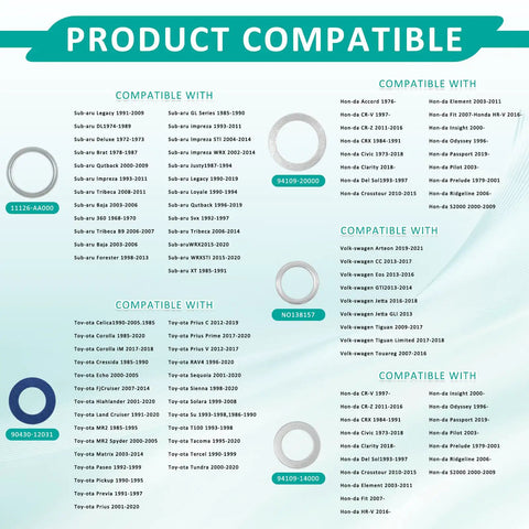 Compatibility chart for 140 Piece Oil Drain Plug Gasket And Crush Washer Kit With 9 Sizes M11 M12 M14 M16 M18 M20