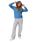 Woman wearing blue EcoSmart Fleece Zip Up Hoodie For Women Mid Weight Plush Cozy Hooded Sweatshirt Made From American Farm Cotton